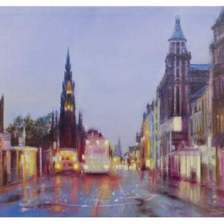 An impressionist-style painting of a city street at dusk with blurred lights and buildings, possibly wet from rain. By Lesley Anne Derks